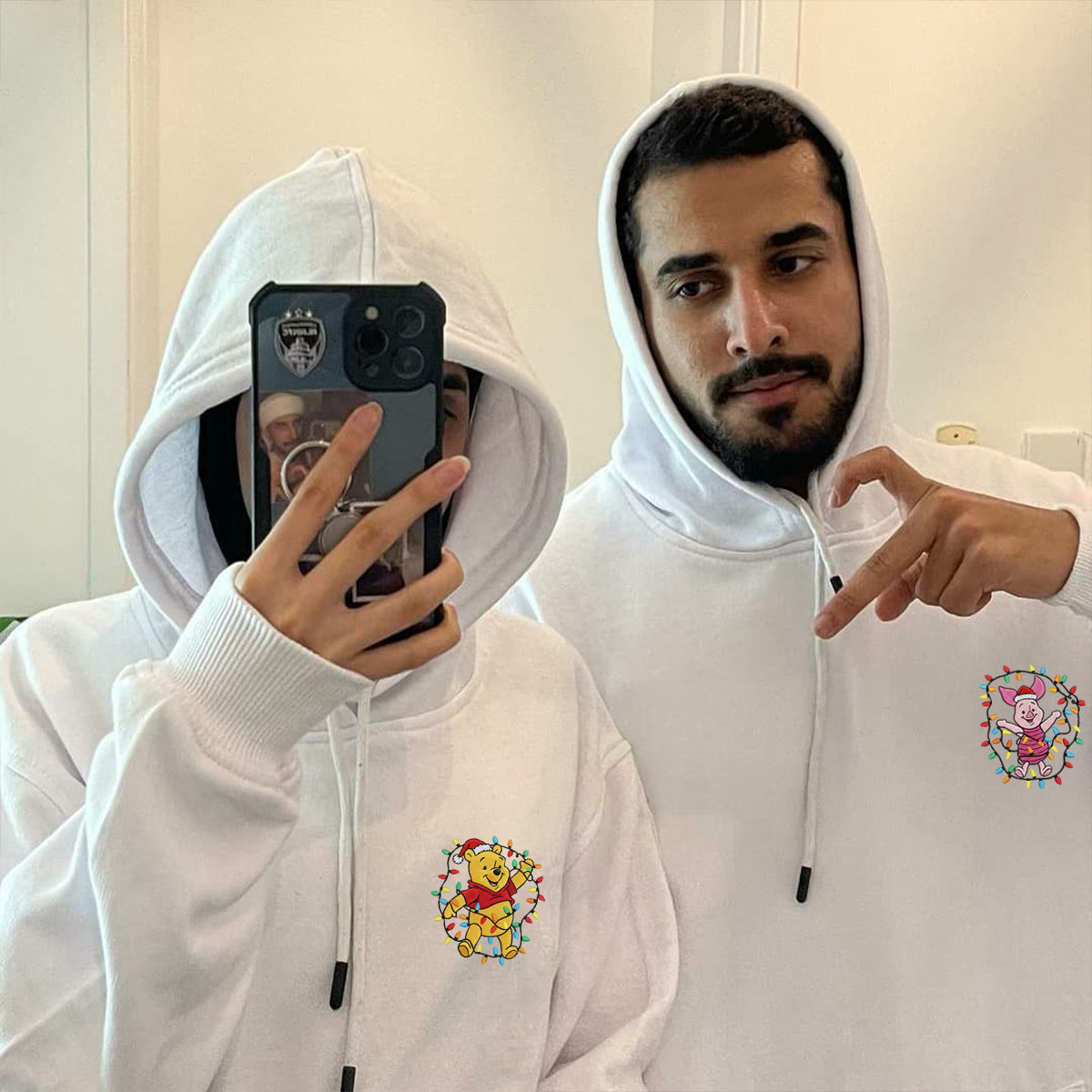 Custom Embroidered Cheerful Bear and Little Pig Christmas Hoodie, Cute Winter Season Matching for Couples