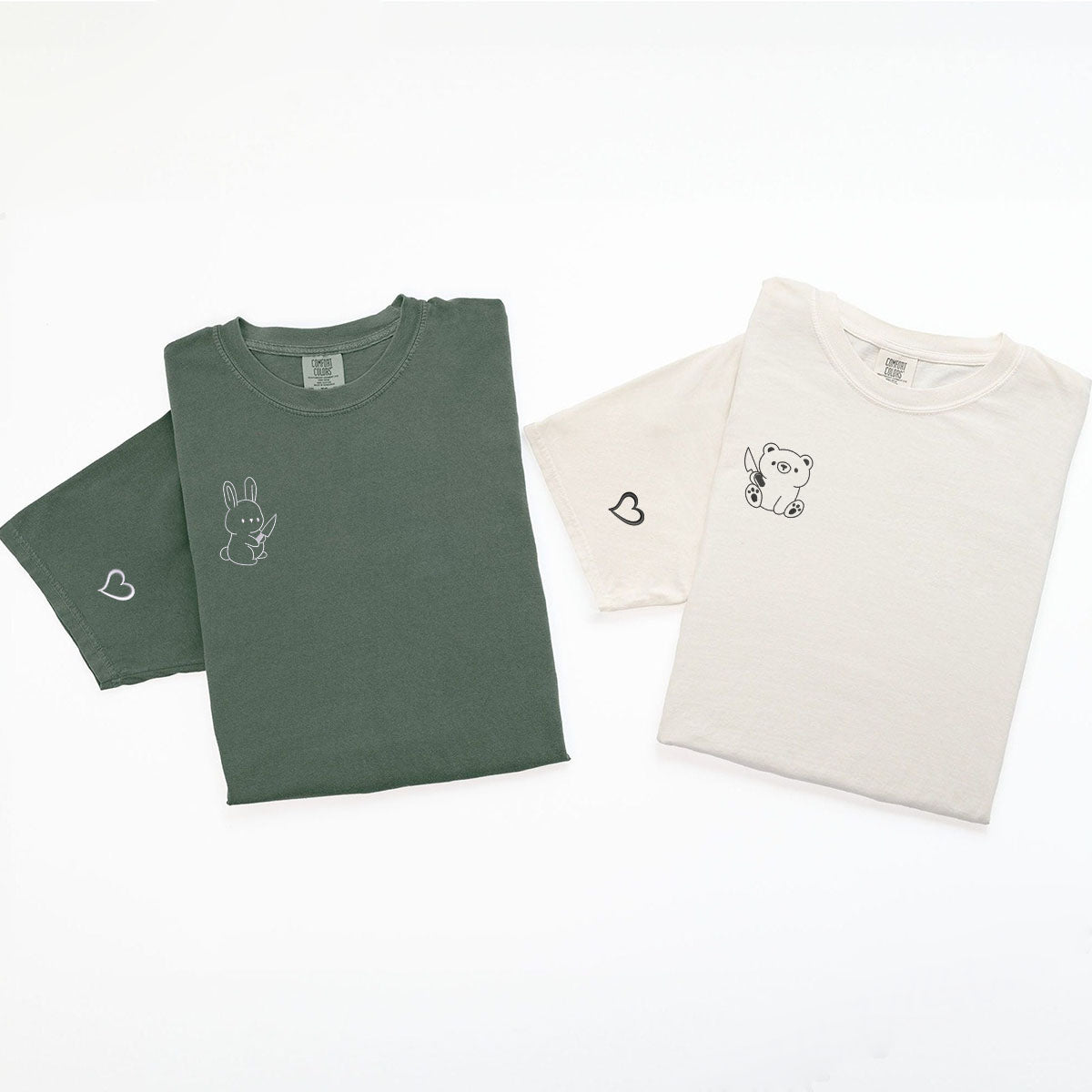Custom Embroidered Bear and Rabbit Matching T-shirts for Couples