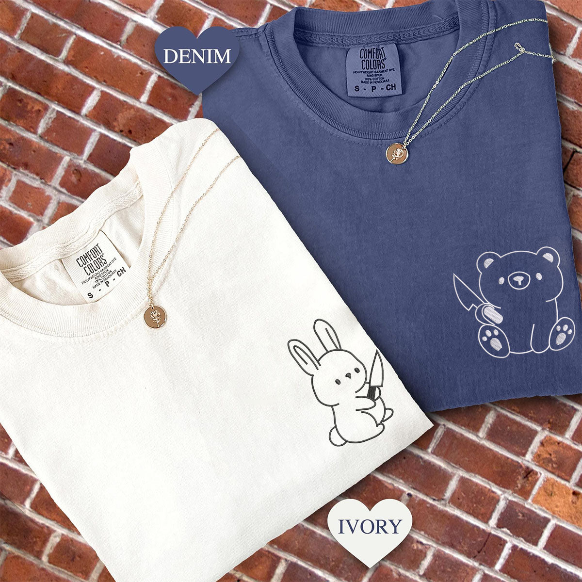 Custom Embroidered Bear and Rabbit Matching T-shirts for Couples