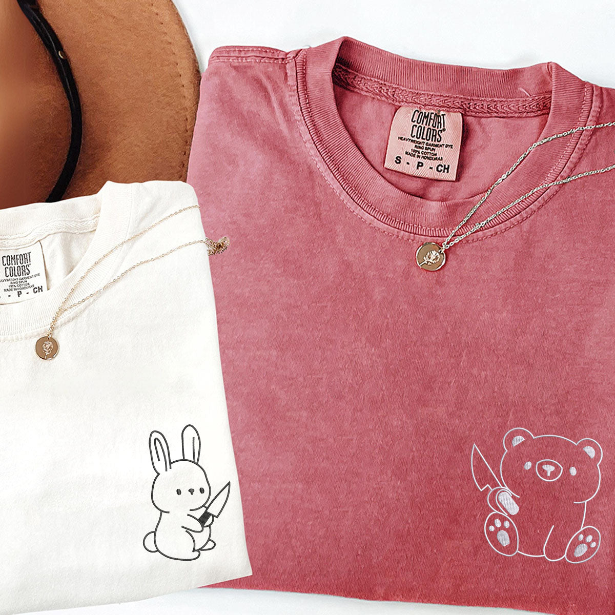 Custom Embroidered Bear and Rabbit Matching T-shirts for Couples