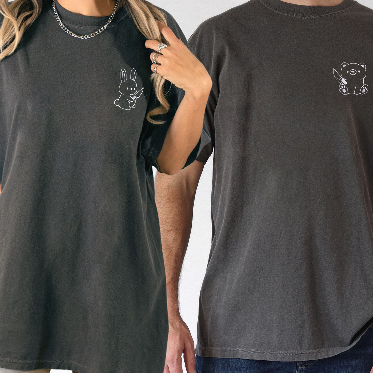 Custom Embroidered Bear and Rabbit Matching T-shirts for Couples