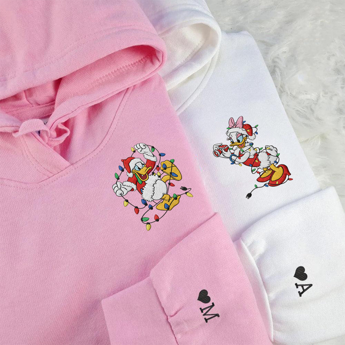 Custom Embroidered Cartoon Duck Couple Christmas Sweatshirt, Cozy Holiday Hoodie Matching for Couples