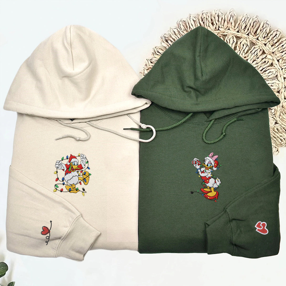Custom Embroidered Cartoon Duck Couple Christmas Sweatshirt, Cozy Holiday Hoodie Matching for Couples