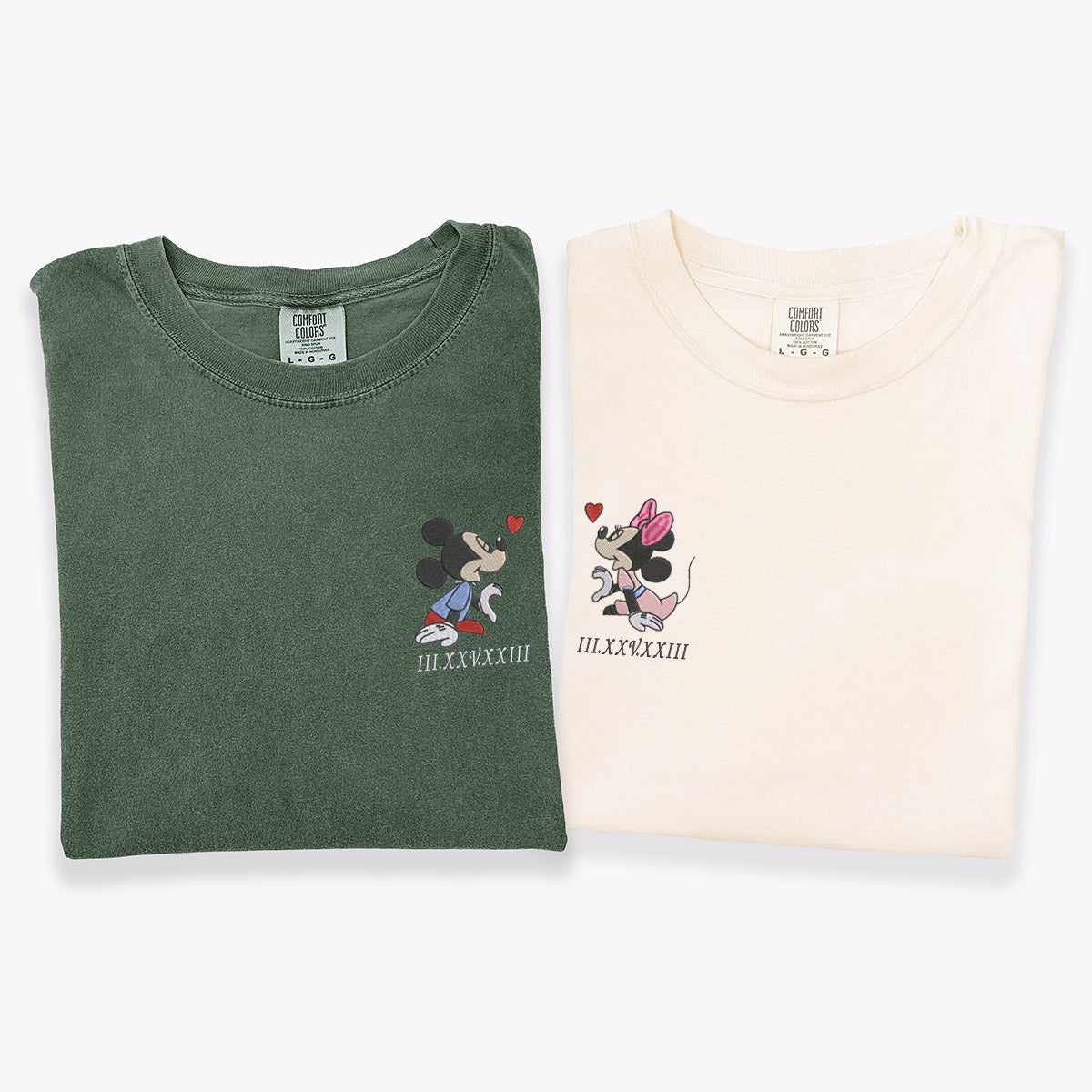 Custom Embroidered Cartoon Mouse Heart Roman Numeral Date Matching T-shirts for Couples