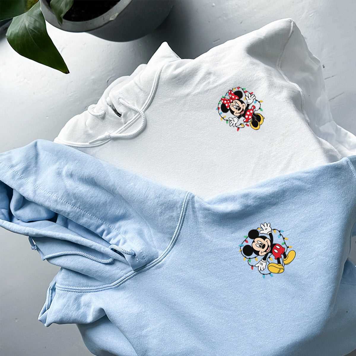 Custom Embroidered Cartoon Mouse Pair Christmas Hoodie, Cozy Winter Season Matching for Couples