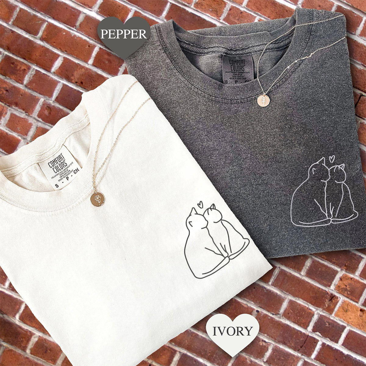 Custom Embroidered Cat Love Matching T-shirts for Couples