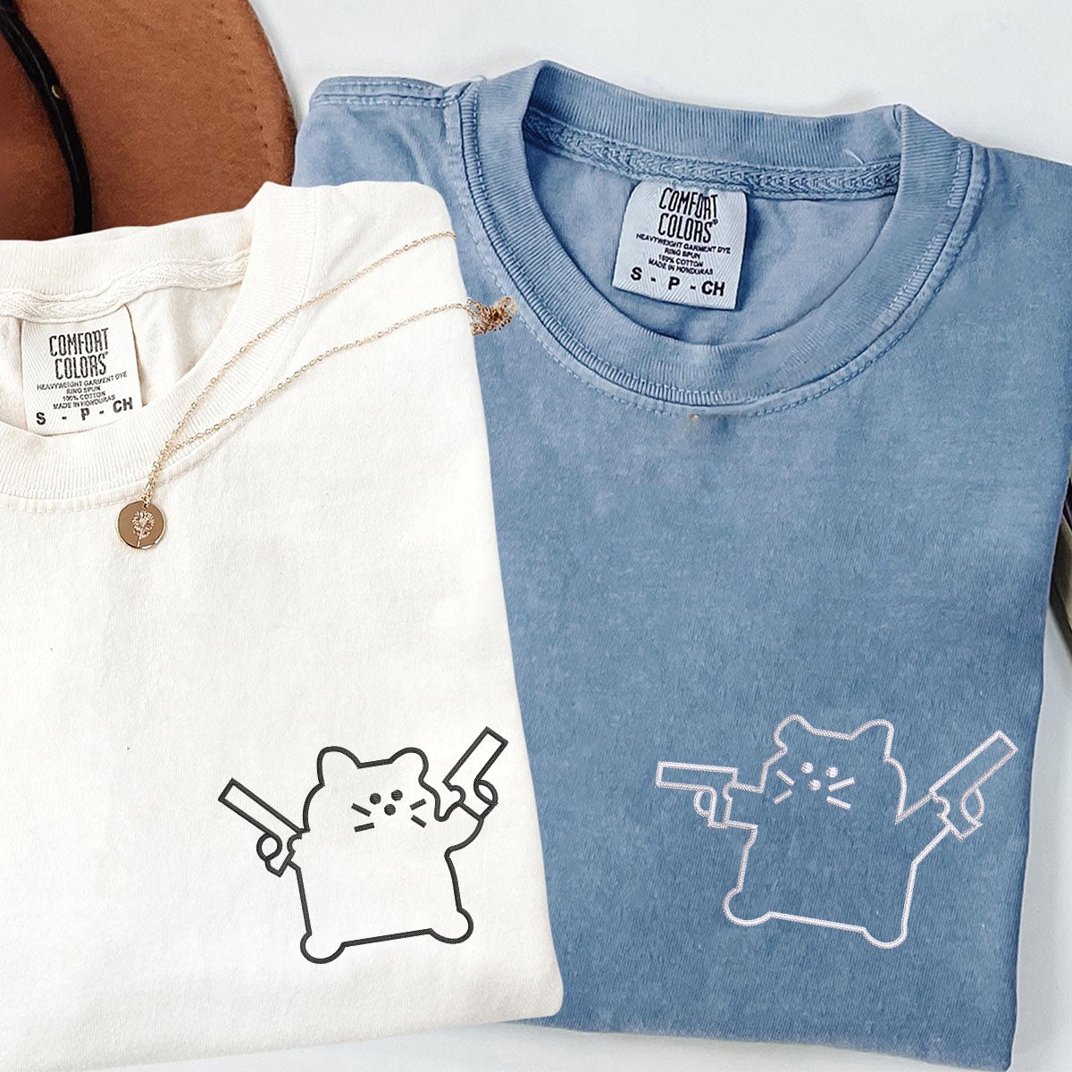 Custom Embroidered Cat with Gun Matching T-shirts for Couples