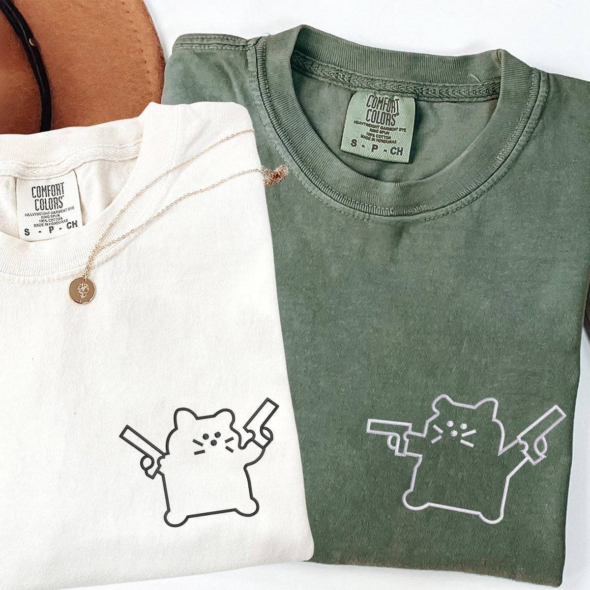 Custom Embroidered Cat with Gun Matching T-shirts for Couples