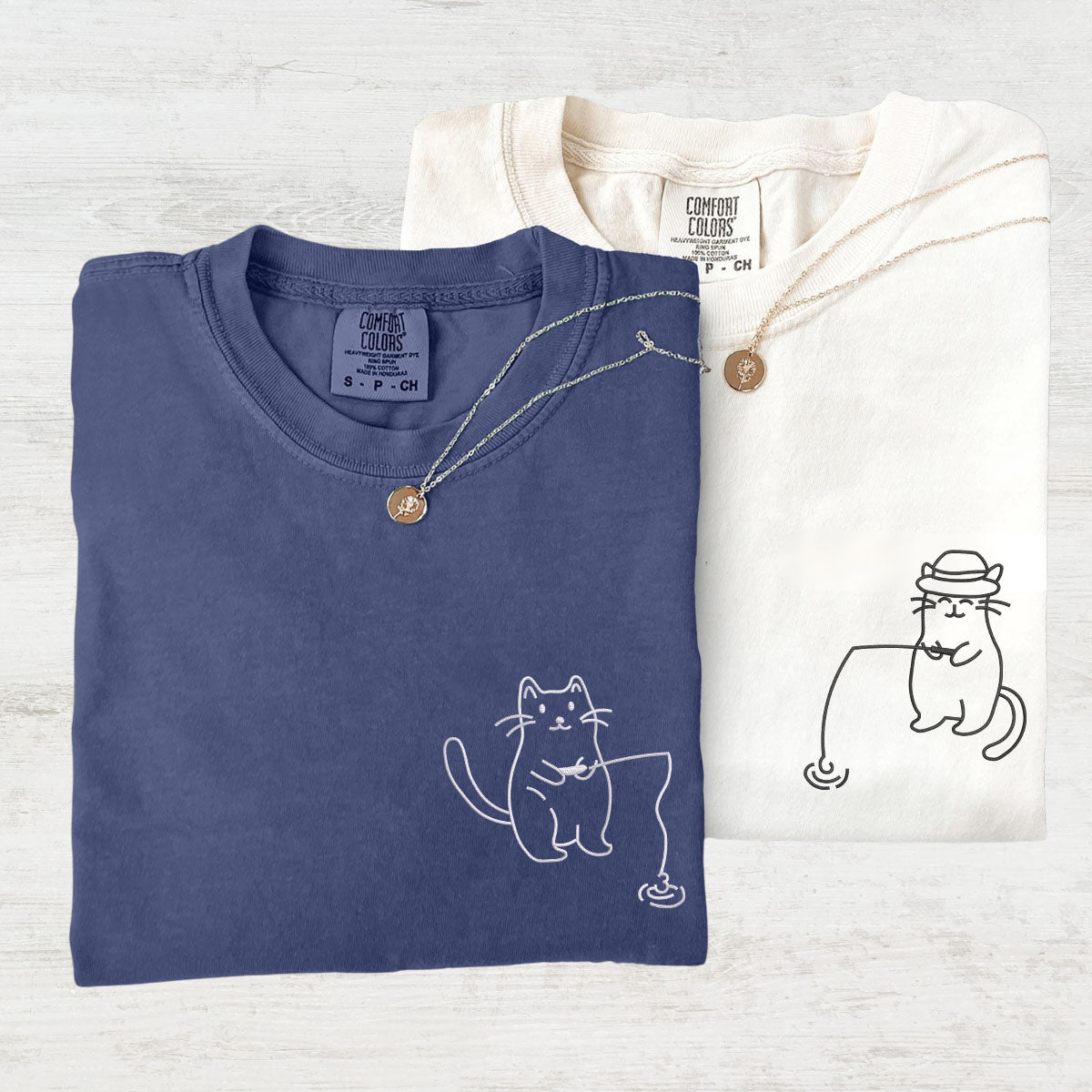 Custom Embroidered Cats Fishing Matching T-shirts for Couples