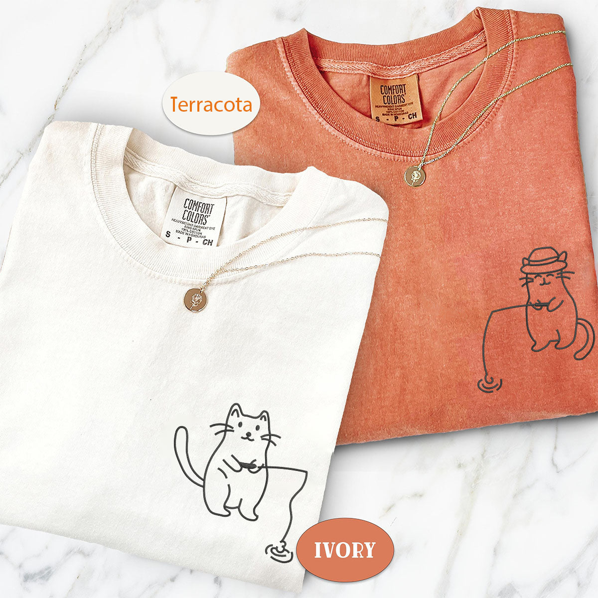 Custom Embroidered Cats Fishing Matching T-shirts for Couples