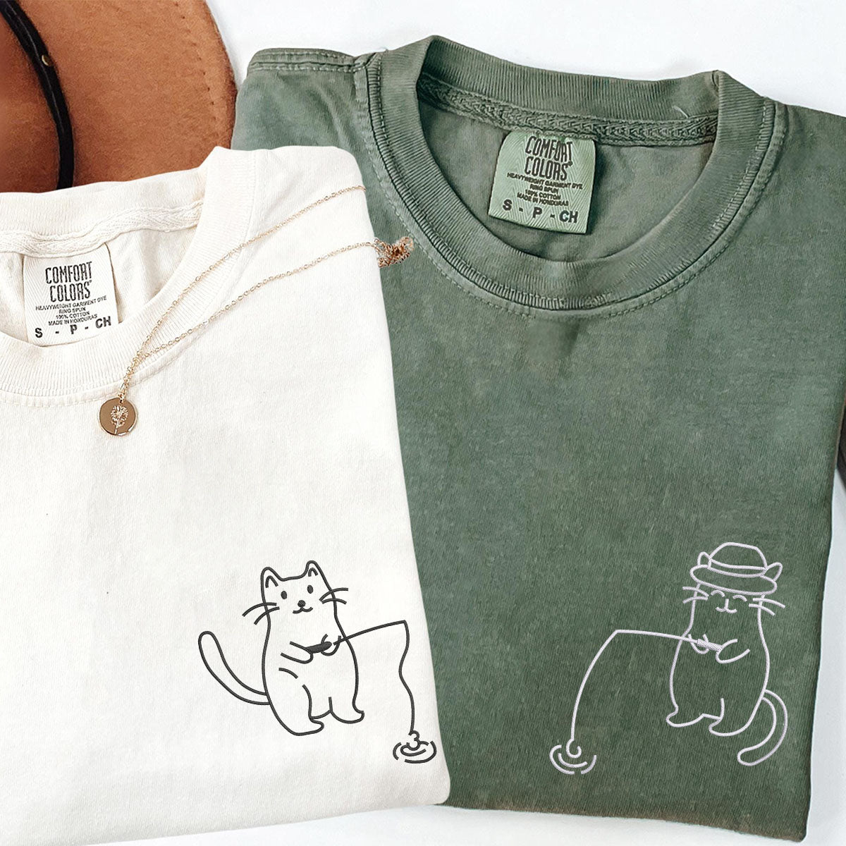 Custom Embroidered Cats Fishing Matching T-shirts for Couples