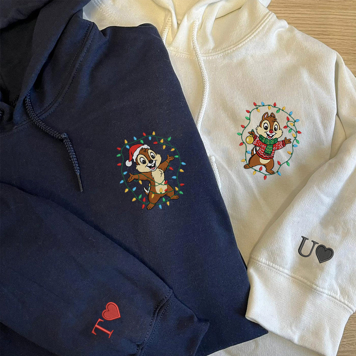 Custom Embroidered Cheerful Chipmunk Pair Christmas Hoodie, Cozy Xmas Lights Sweatshirt Matching for Couples