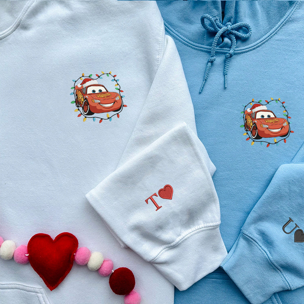 Custom Embroidered Cheerful Racing Car Christmas Lights Hoodie, Cozy Winter Style Sweatshirt Matching for Couples