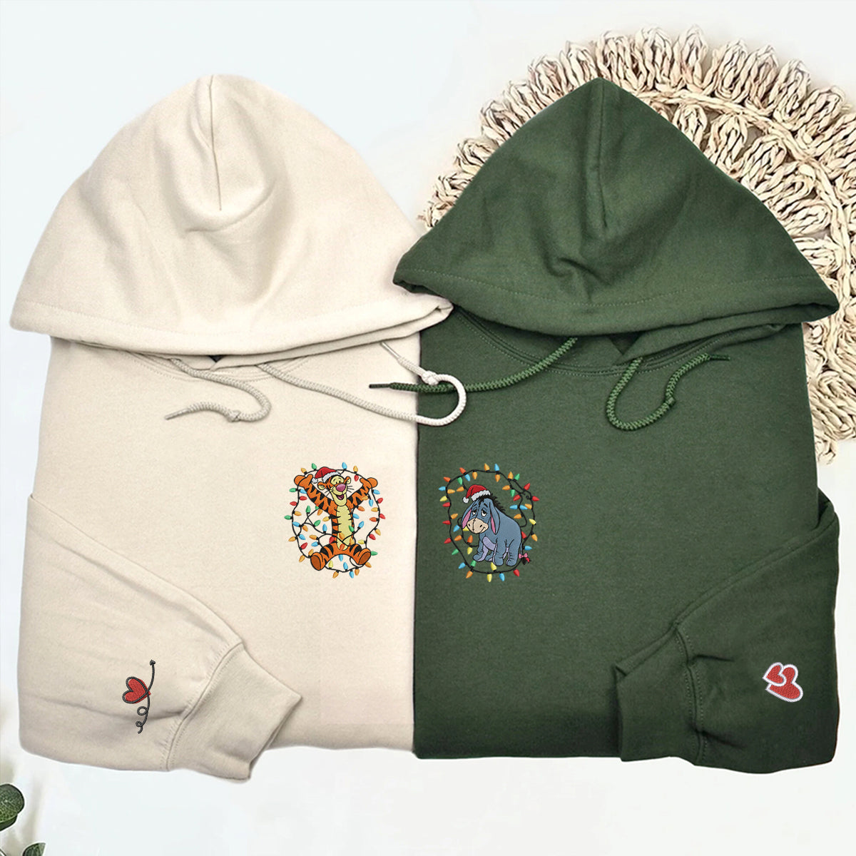 Custom Embroidered Cheerful Tiger and Blue Donkey Cartoon Holiday Hoodie, Cozy Winter Season Sweatshirt Matching for Couples