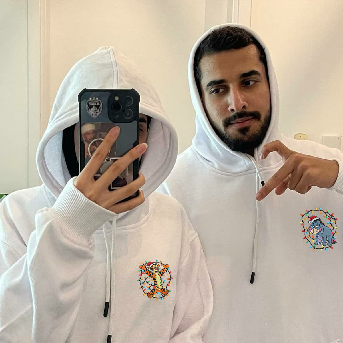 Custom Embroidered Cheerful Tiger and Blue Donkey Cartoon Holiday Hoodie, Cozy Winter Season Sweatshirt Matching for Couples