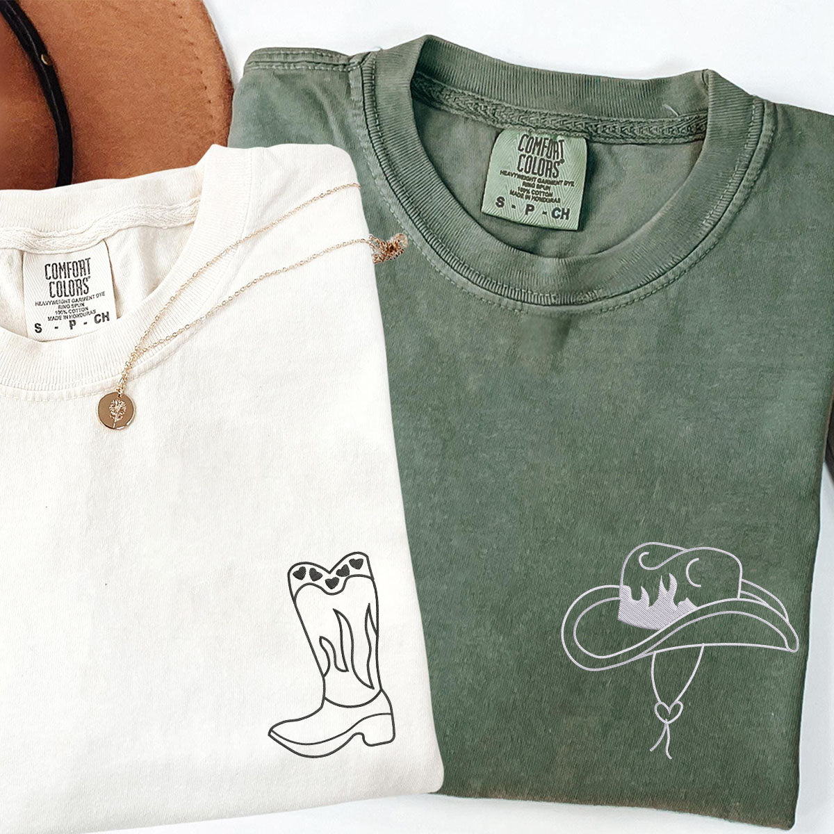 Custom Embroidered Cowboy Boots and Hat Matching T-shirts for Couples