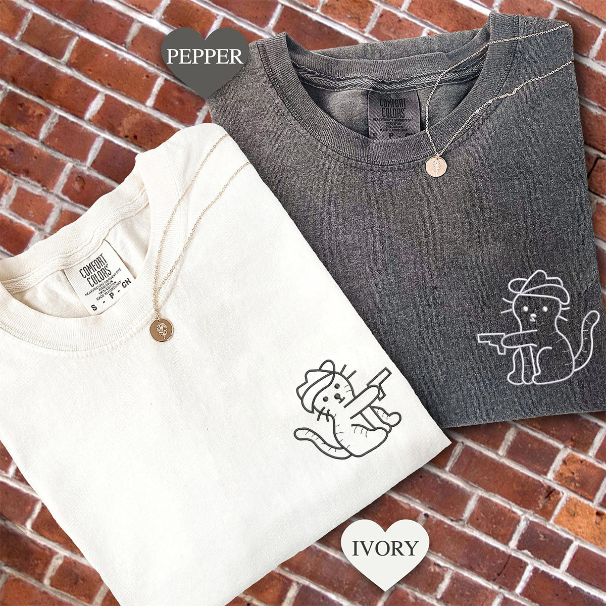 Custom Embroidered Cowboy Cat Guns Matching T-shirts for Couples