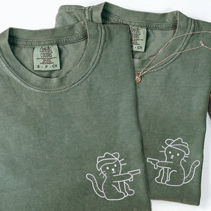 Custom Embroidered Cowboy Cat Guns Matching T-shirts for Couples