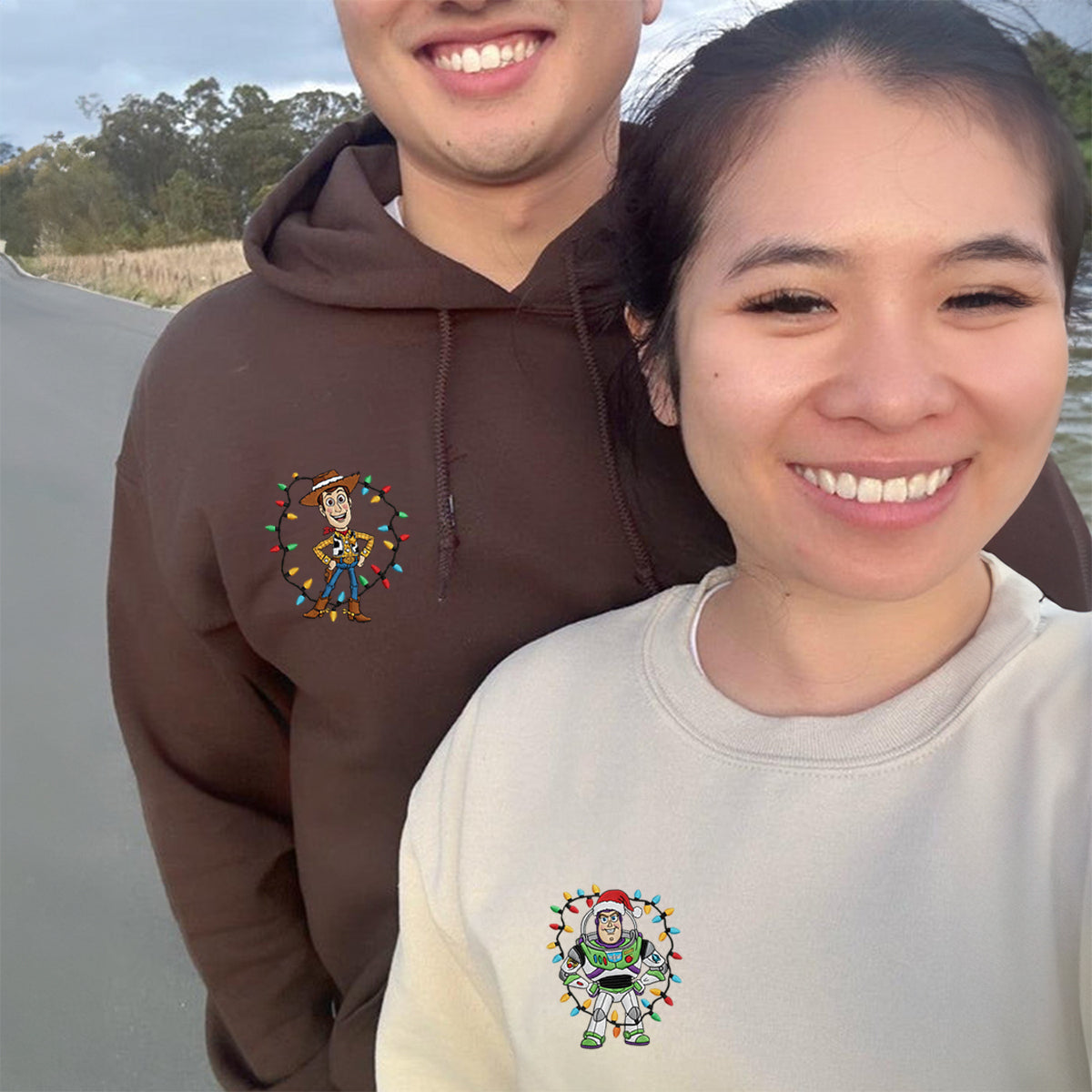 Custom Embroidered Cowboy Friend and Space Hero Cartoon Christmas Sweatshirt, Cozy Holiday Hoodie Matching for Couples