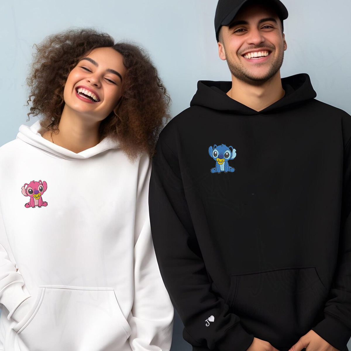 Custom Embroidered Cute Baby Cartoon Love Matching Hoodies for Couples
