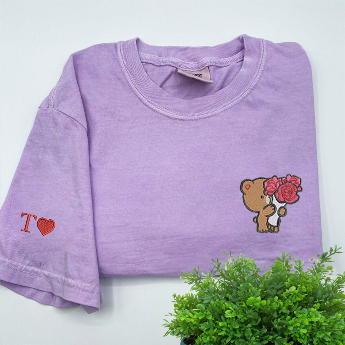Custom Embroidered Cute Bear Couple Love Matching T-shirts for Couples