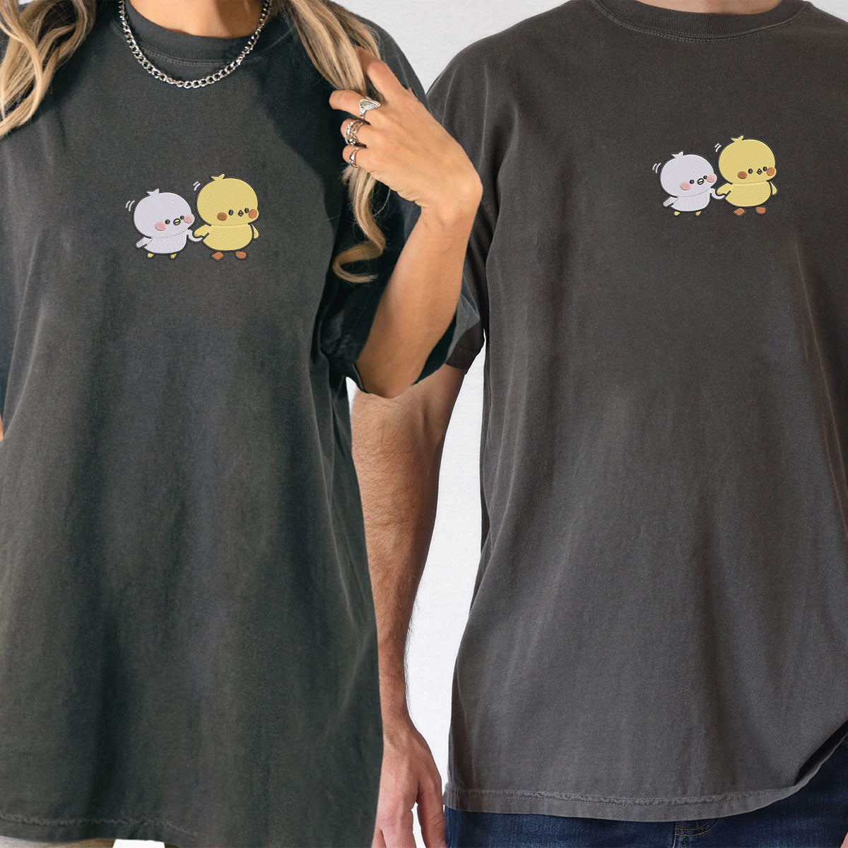 Custom Embroidered Cute Cartoon Chick Matching T-shirts for Couples