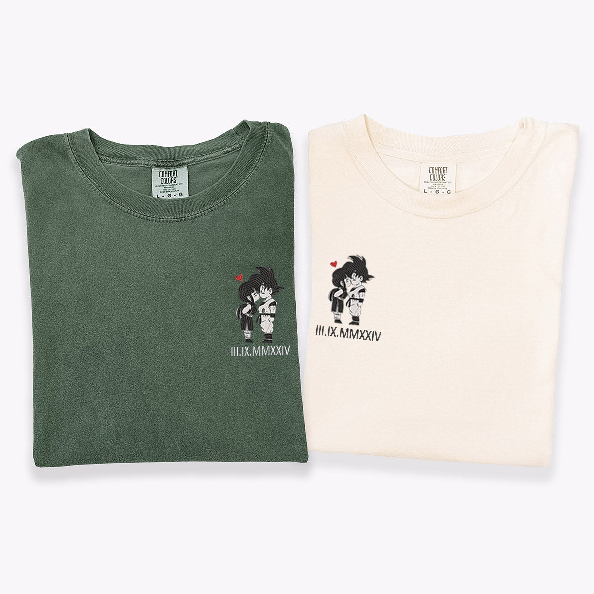 Custom Embroidered Cute Cartoon Couple Matching T-shirts with Special Date
