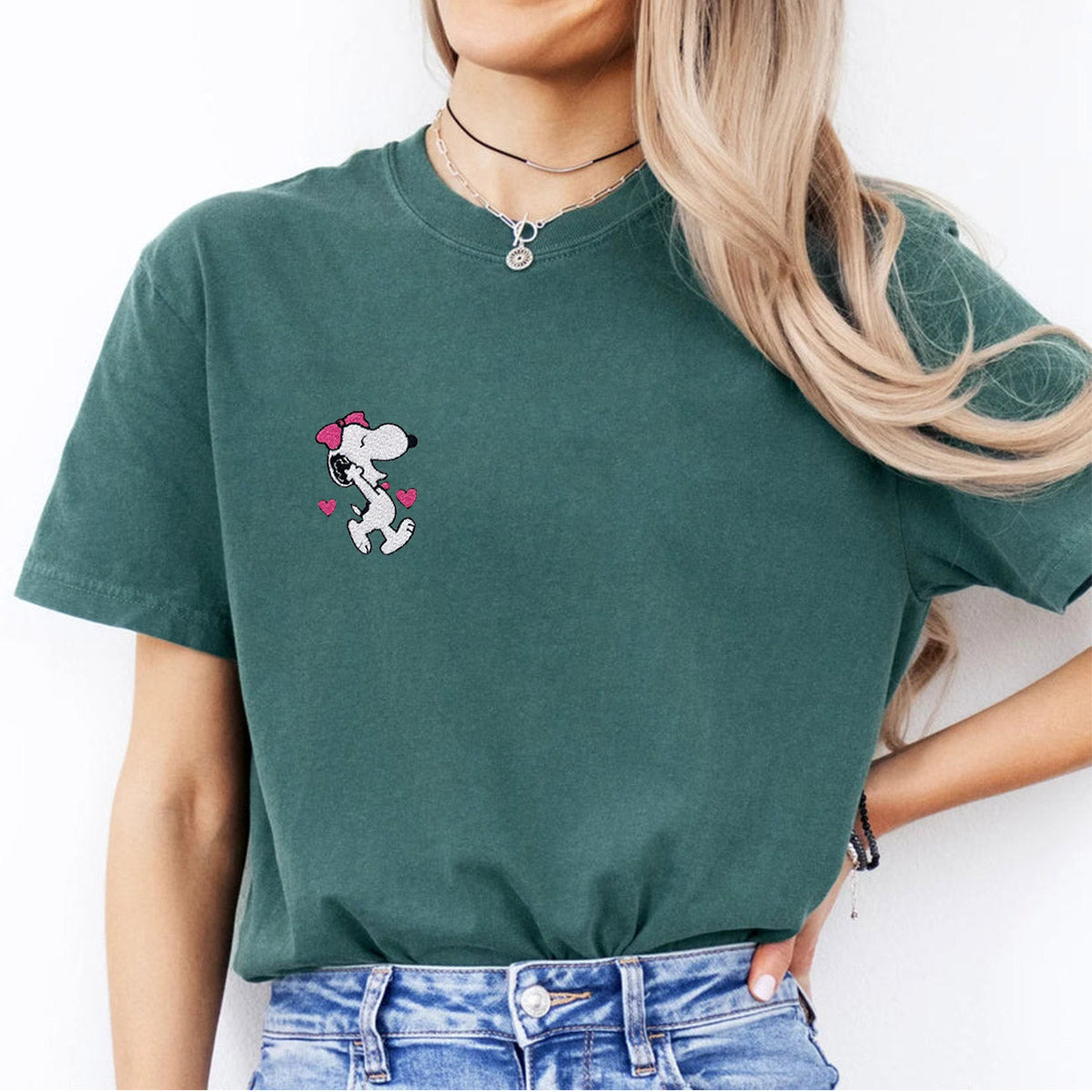 Custom Embroidered Cute Cartoon Dog Character Matching T-shirts for Couples