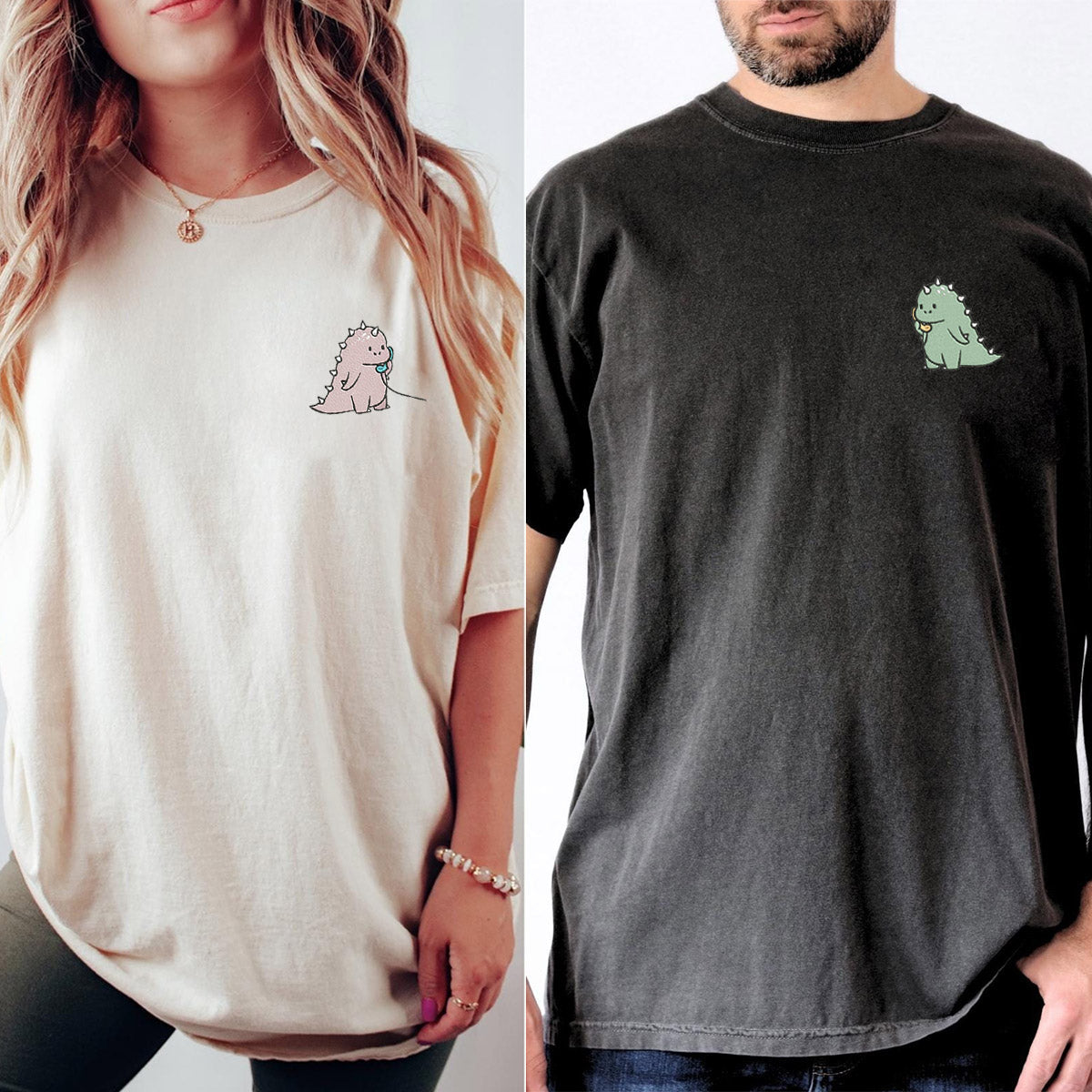 Custom Embroidered Cute Cartoon Funny Dinosaur Matching T-shirts for Couples