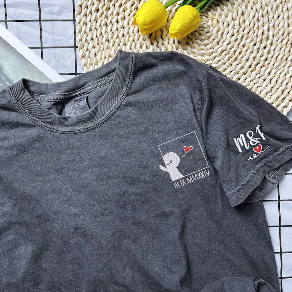 Custom Embroidered Cute Cartoon Roman Numeral Matching T-shirts for Couples