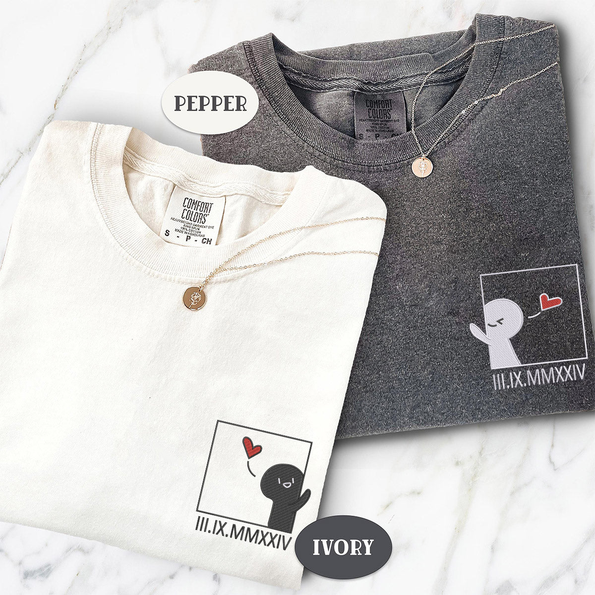 Custom Embroidered Cute Cartoon Roman Numeral Matching T-shirts for Couples