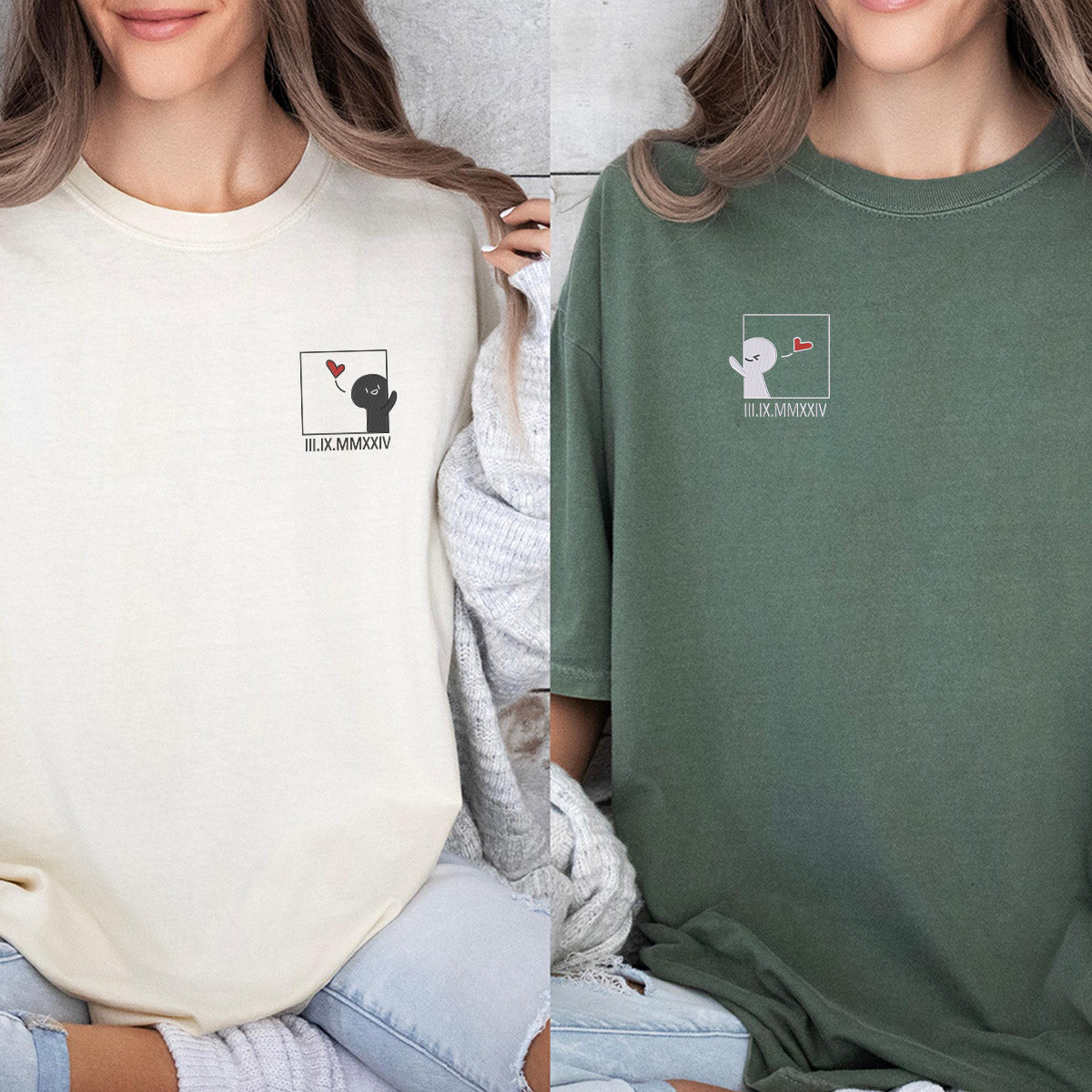 Custom Embroidered Cute Cartoon Roman Numeral Matching T-shirts for Couples