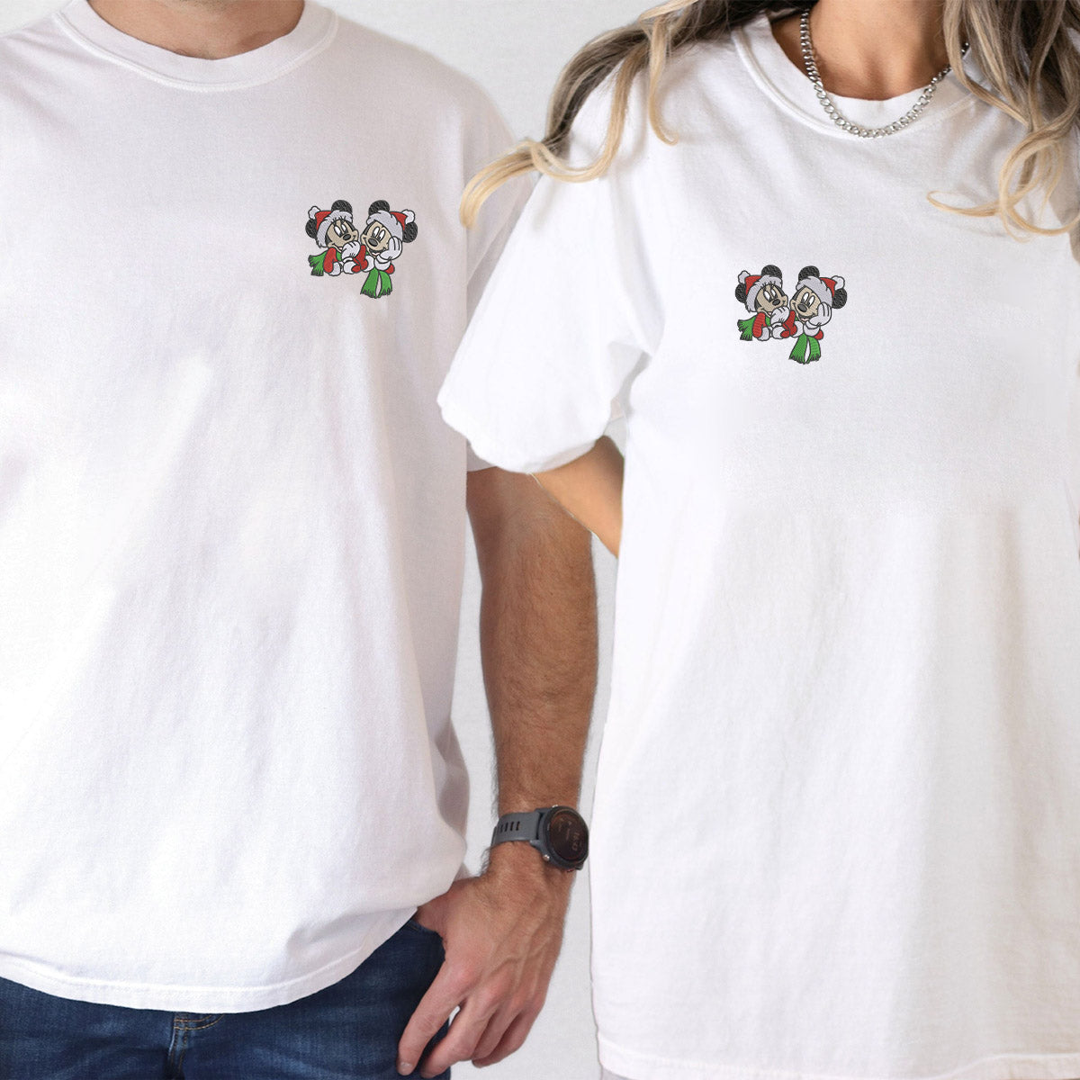 Custom Embroidered Cute Christmas Cartoon Mouse Matching T-shirts for Couples