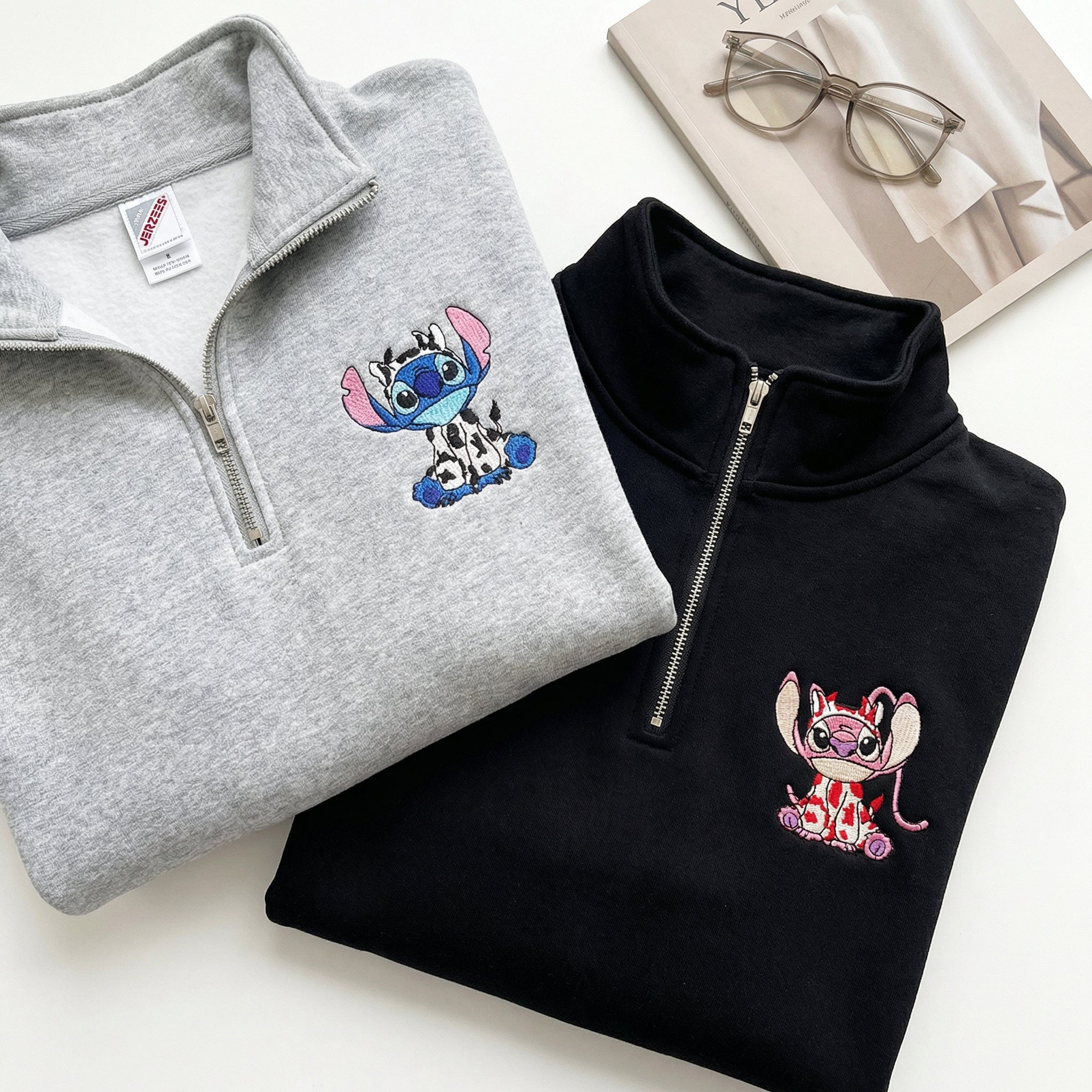 Custom Embroidered Cute Cow Cartoon Duo Quarter Zip Sweatshirts - Matching Full-Zip Hoodie
