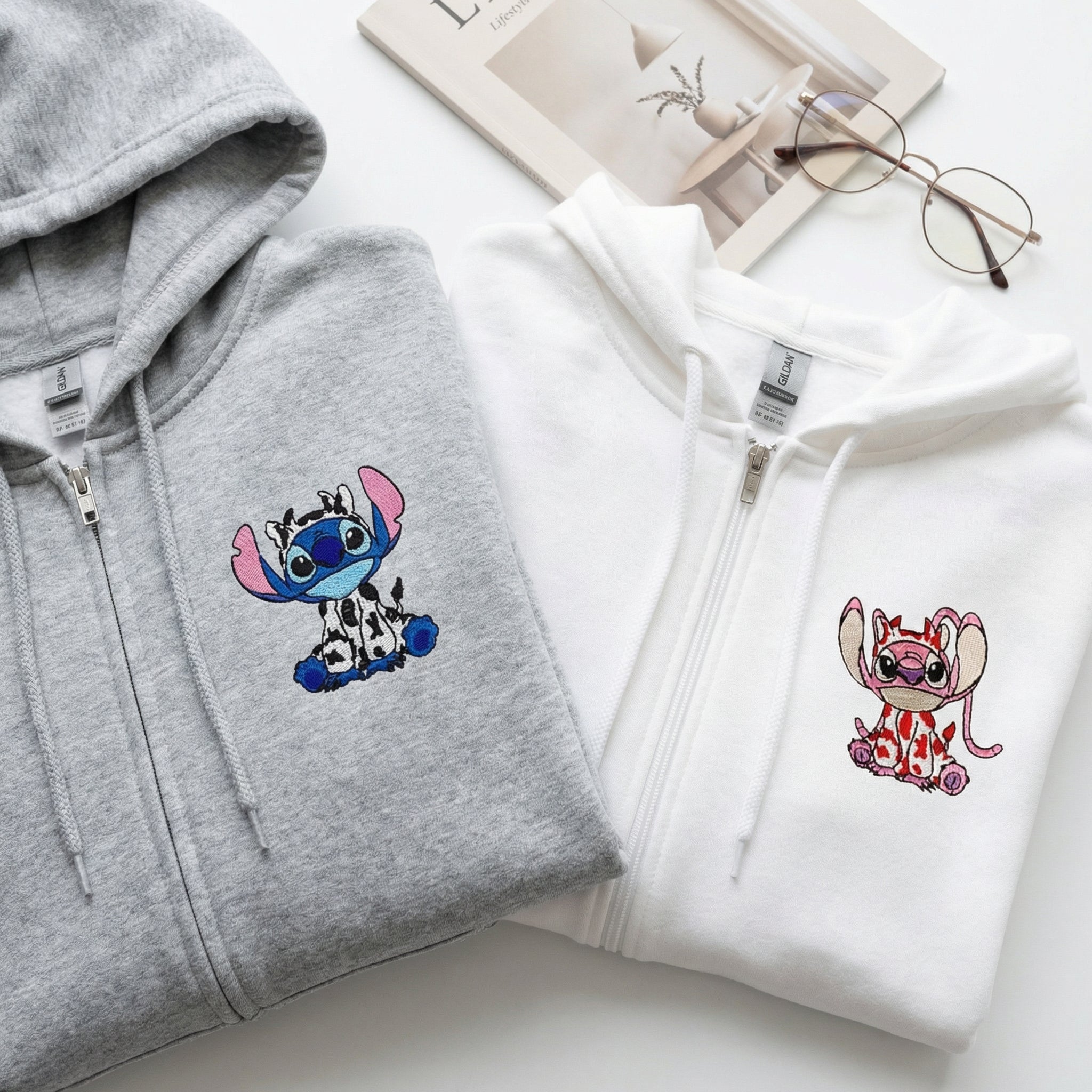 Custom Embroidered Cute Cow Cartoon Duo Quarter Zip Sweatshirts - Matching Full-Zip Hoodie
