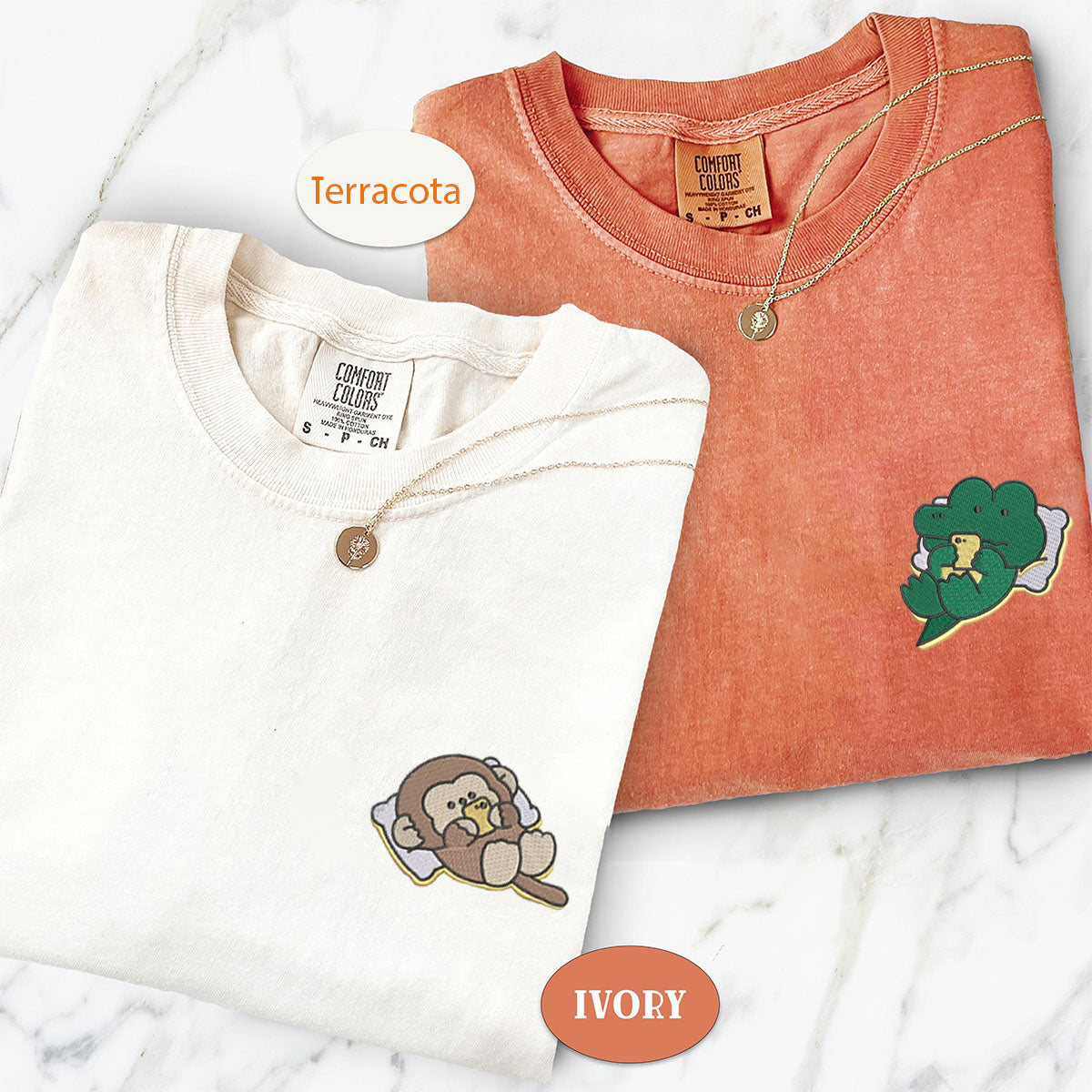 Custom Embroidered Cute Crocodile x Monkey Matching T-shirts for Couples