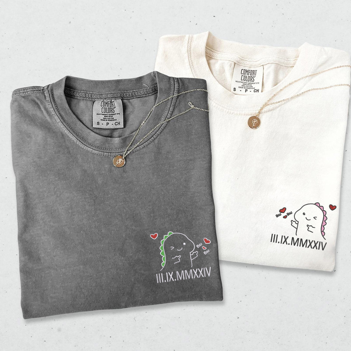 Custom Embroidered Cute Dino Roman Numeral Matching T-shirts for Couples