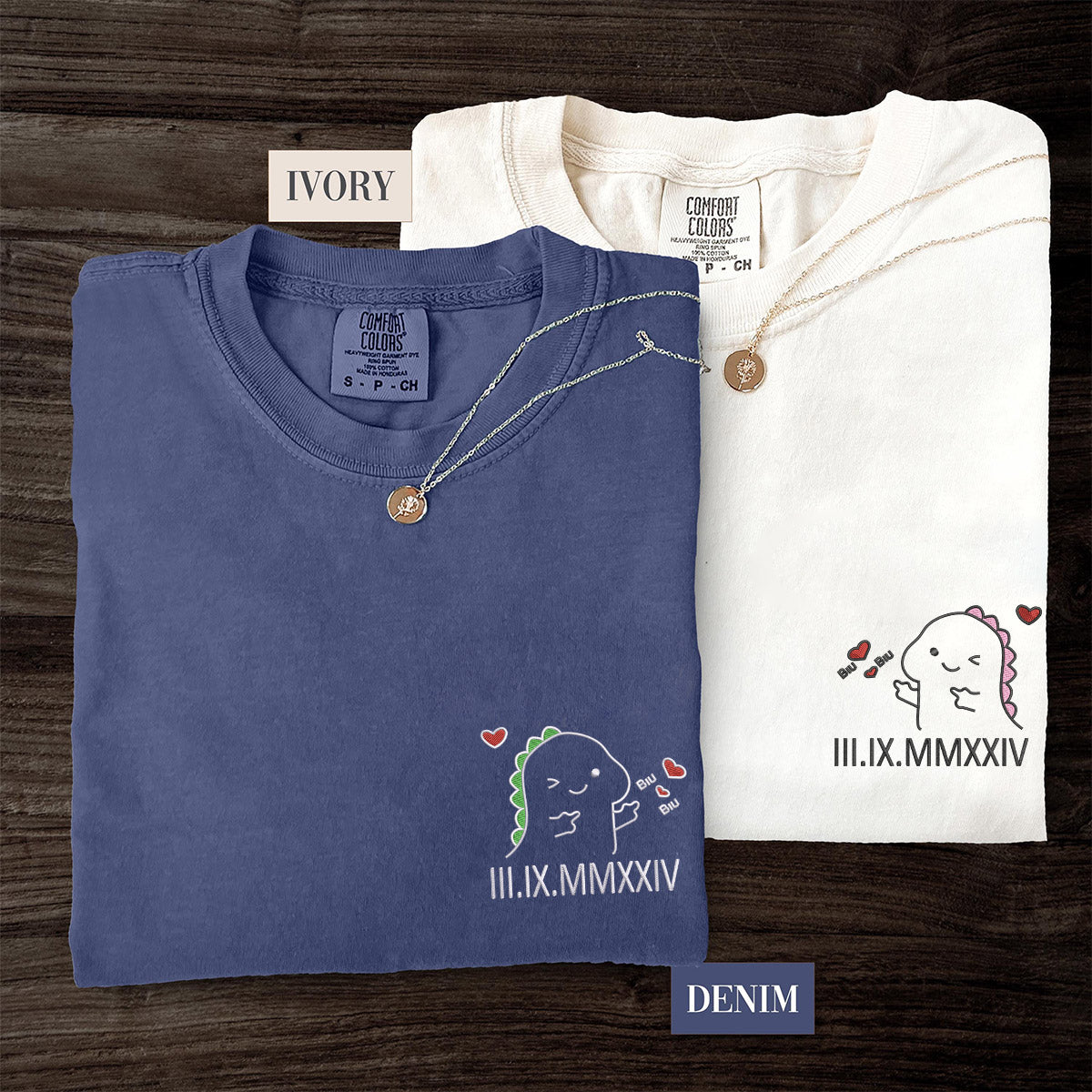 Custom Embroidered Cute Dino Roman Numeral Matching T-shirts for Couples