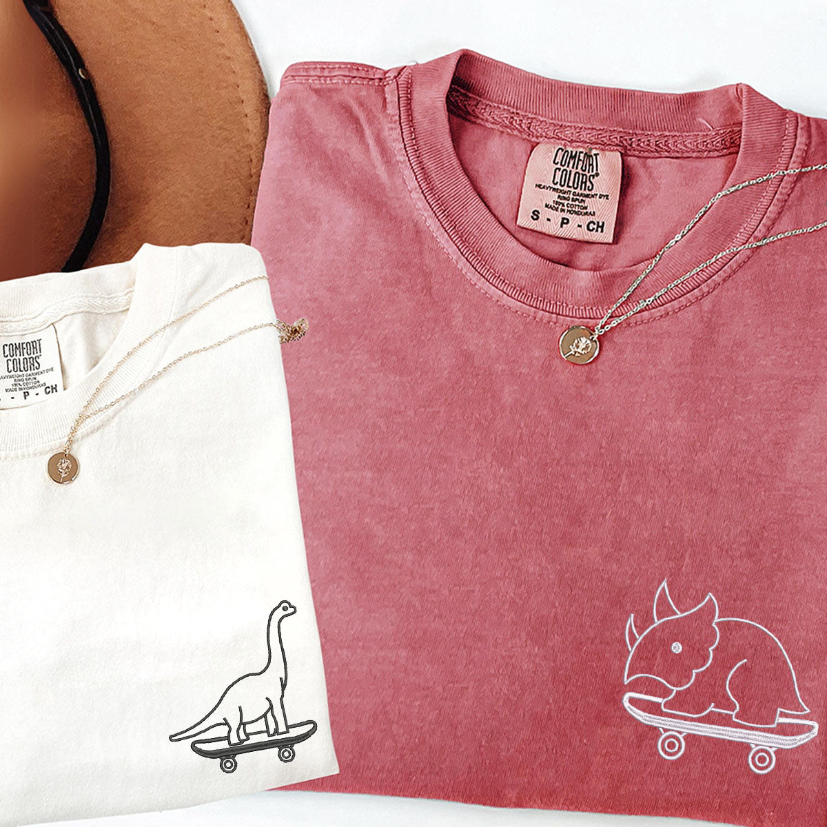 Custom Embroidered Cute Dinosaurs Skaters Matching T-shirts for Couples