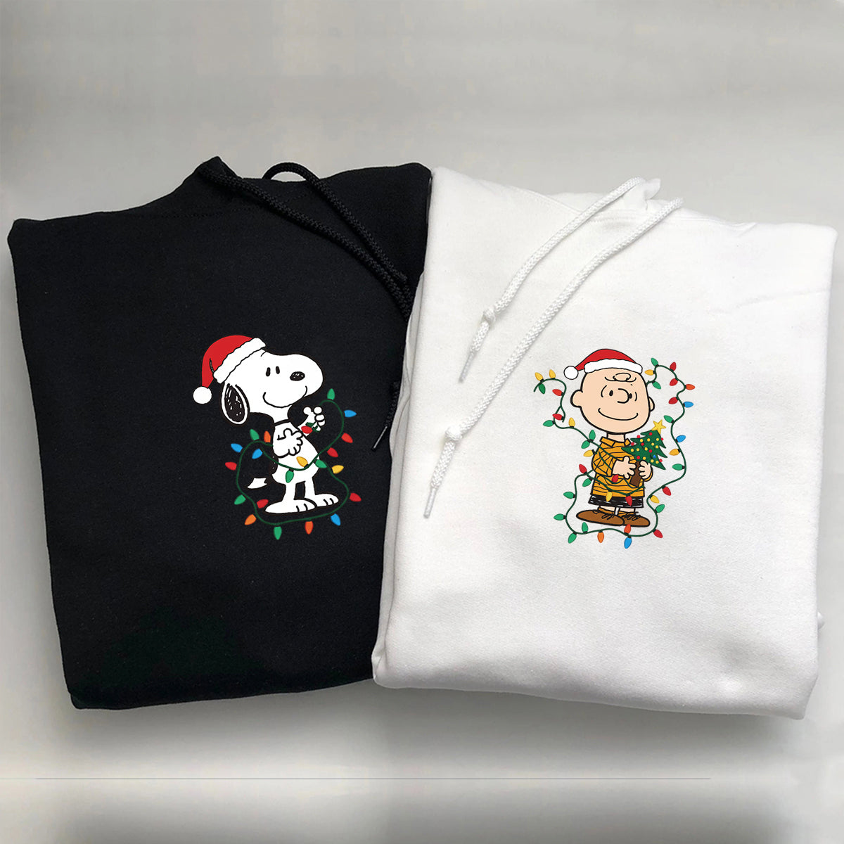 Custom Embroidered Cute Dog and Boy Christmas Lights Sweatshirt, Cozy Vintage Cartoon Hoodie Matching for Couples