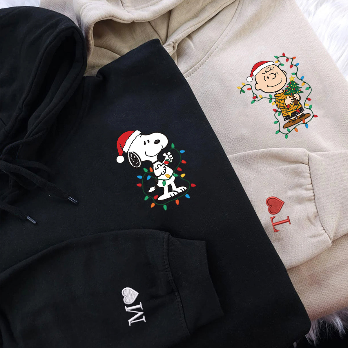 Custom Embroidered Cute Dog and Boy Christmas Lights Sweatshirt, Cozy Vintage Cartoon Hoodie Matching for Couples