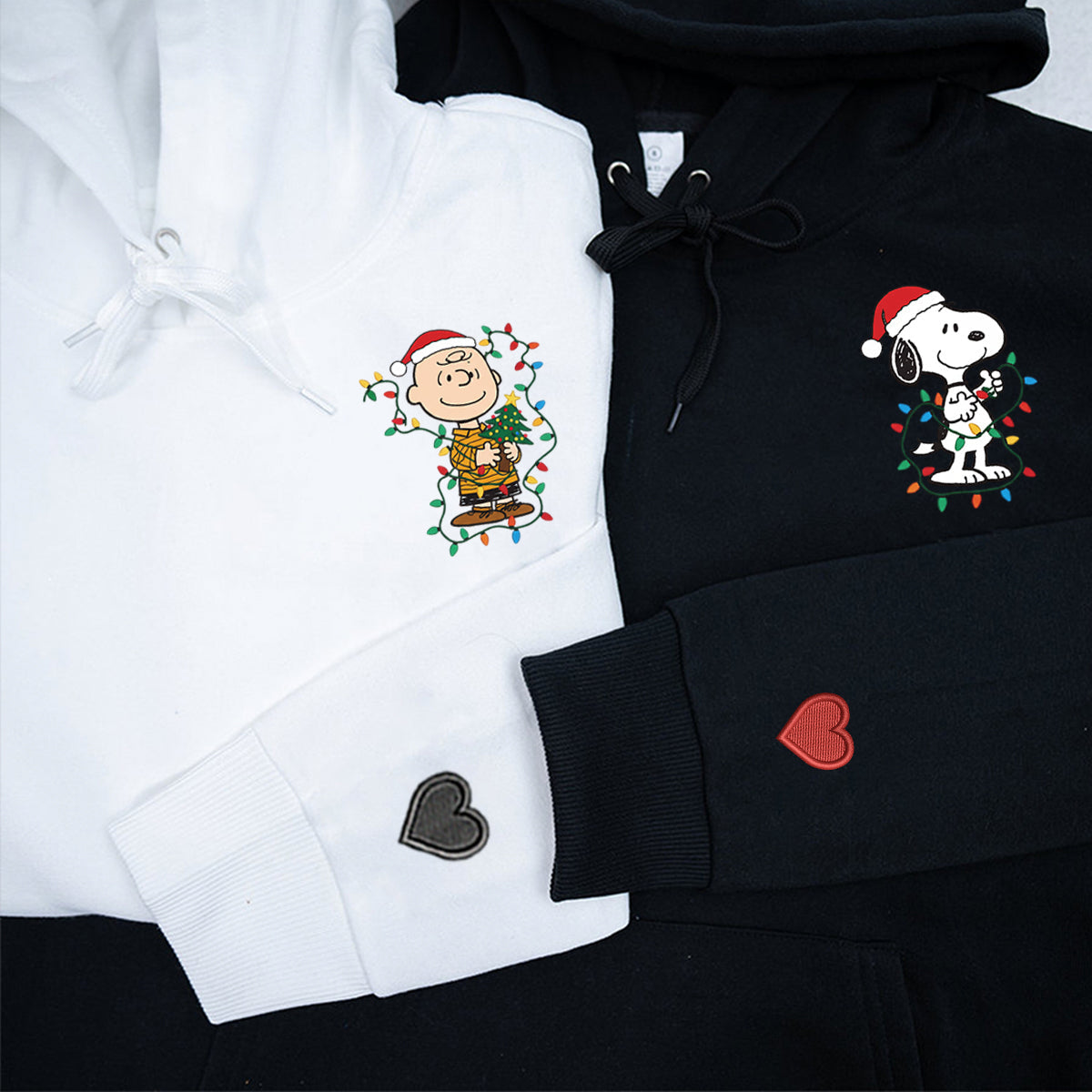 Custom Embroidered Cute Dog and Boy Christmas Lights Sweatshirt, Cozy Vintage Cartoon Hoodie Matching for Couples
