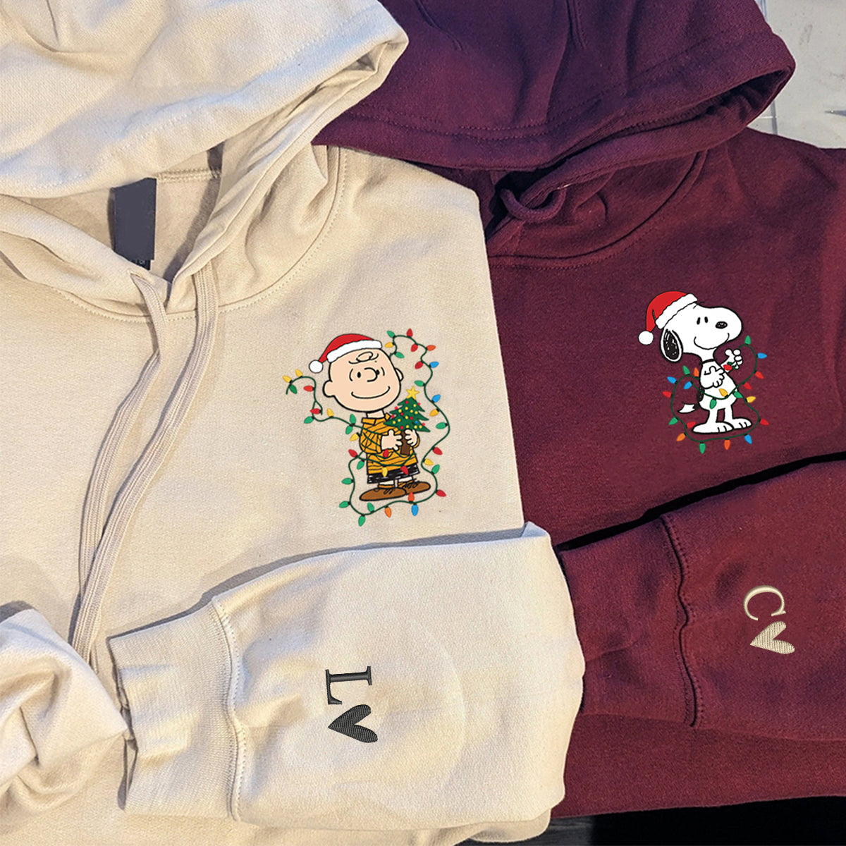 Custom Embroidered Cute Dog and Boy Christmas Lights Sweatshirt, Cozy Vintage Cartoon Hoodie Matching for Couples