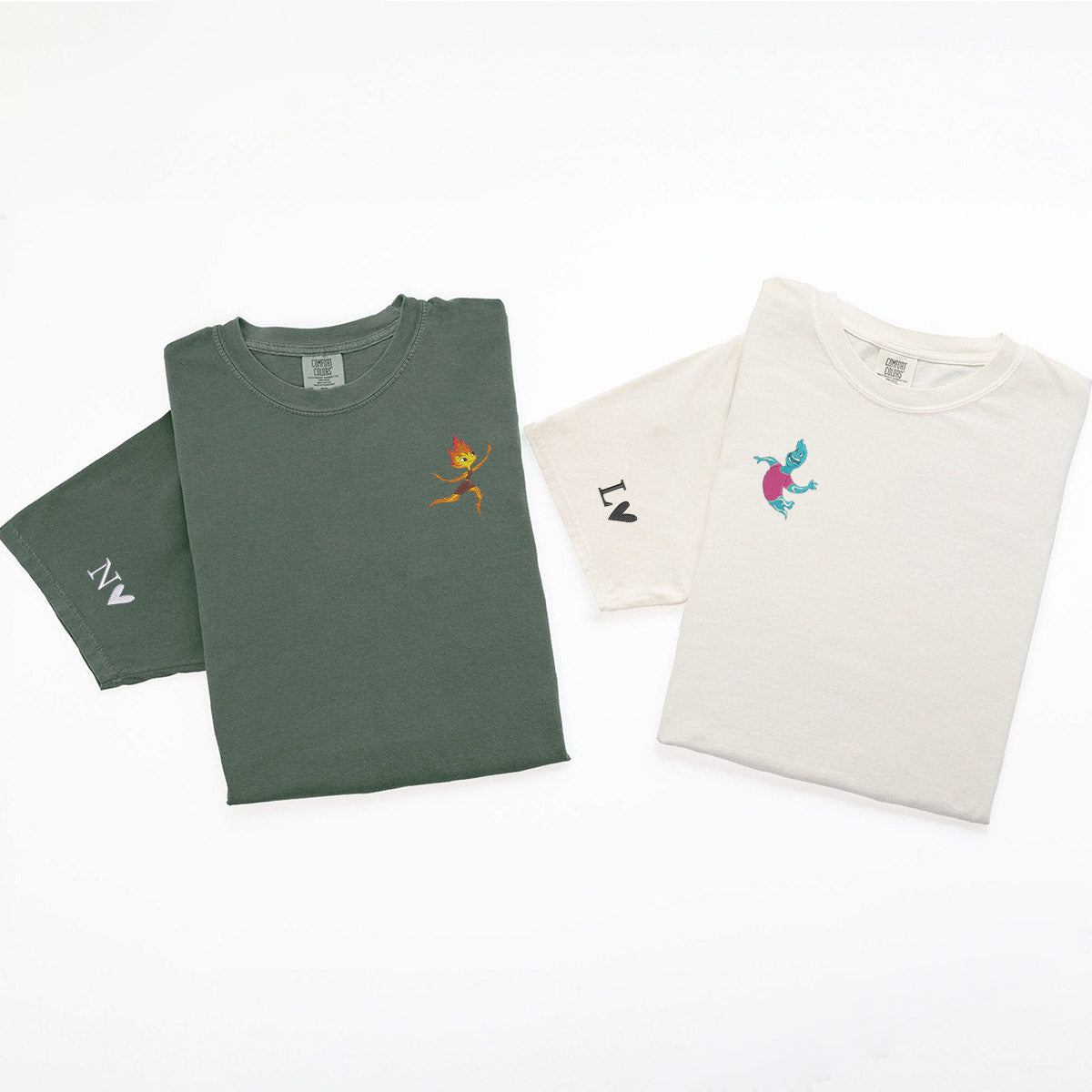 Custom Embroidered Cute Fire & Water V2 Couple Matching T-shirts