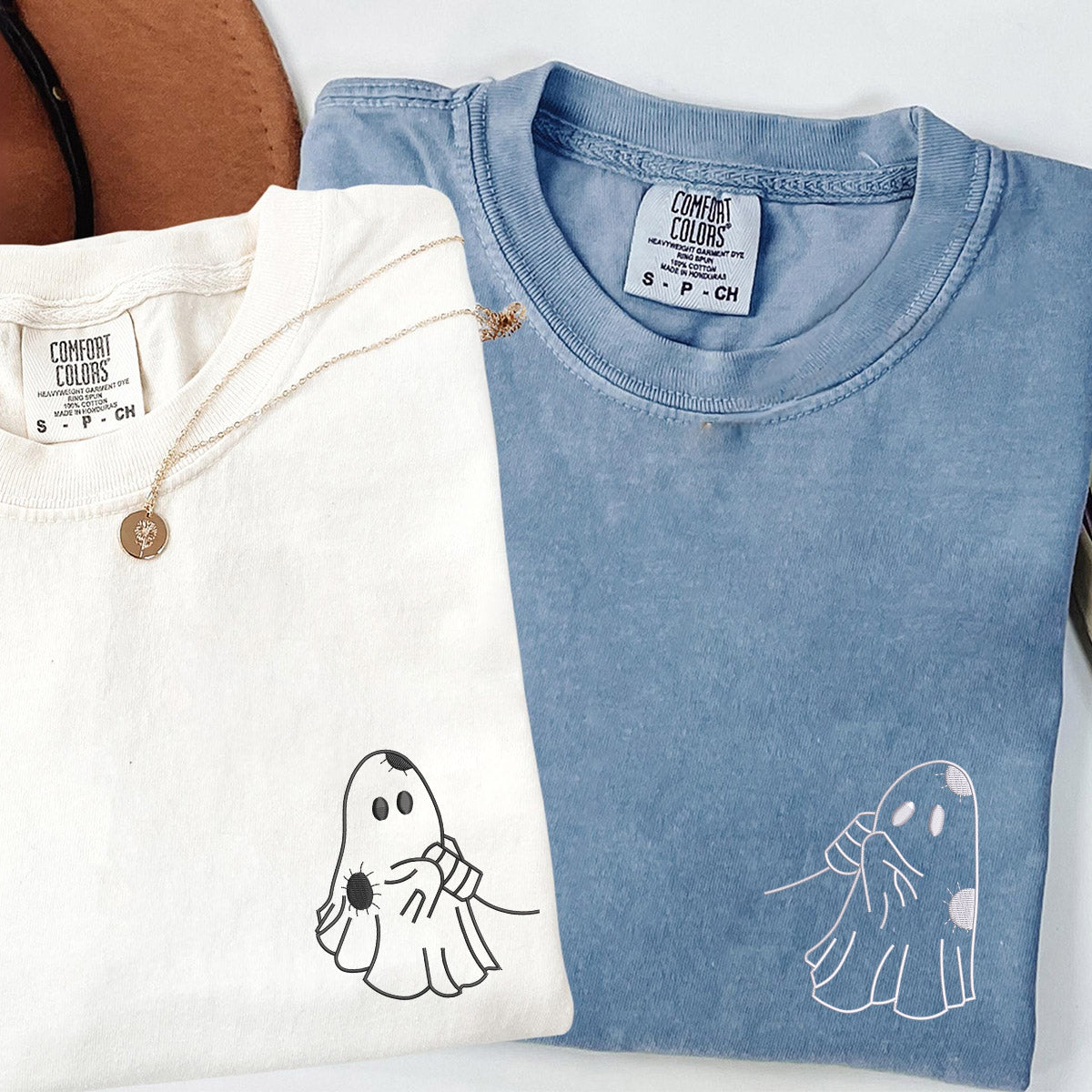 Custom Embroidered Cute Ghost Love Matching T-shirts for Couples