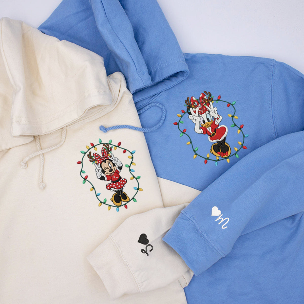 Custom Embroidered Cute Mouse Girl & Duck Bestie Christmas Sweatshirt, Festive Holiday Lights Hoodie Matching for Couples
