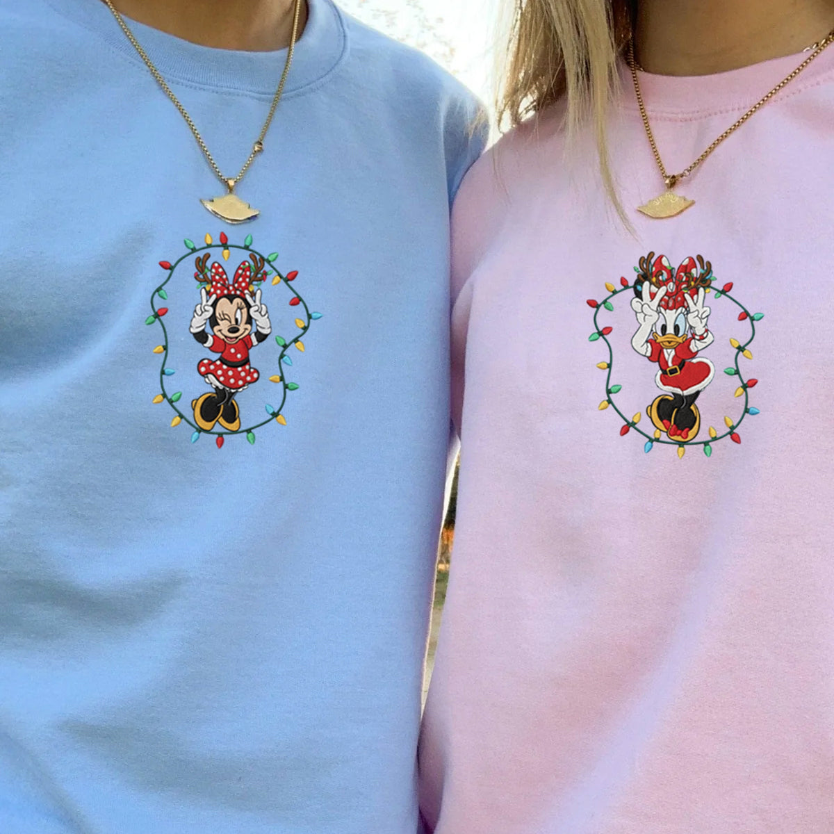 Custom Embroidered Cute Mouse Girl & Duck Bestie Christmas Sweatshirt, Festive Holiday Lights Hoodie Matching for Couples