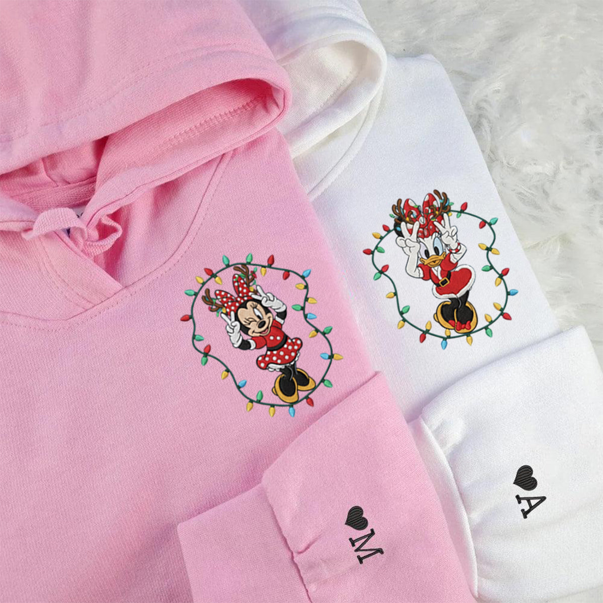 Custom Embroidered Cute Mouse Girl & Duck Bestie Christmas Sweatshirt, Festive Holiday Lights Hoodie Matching for Couples