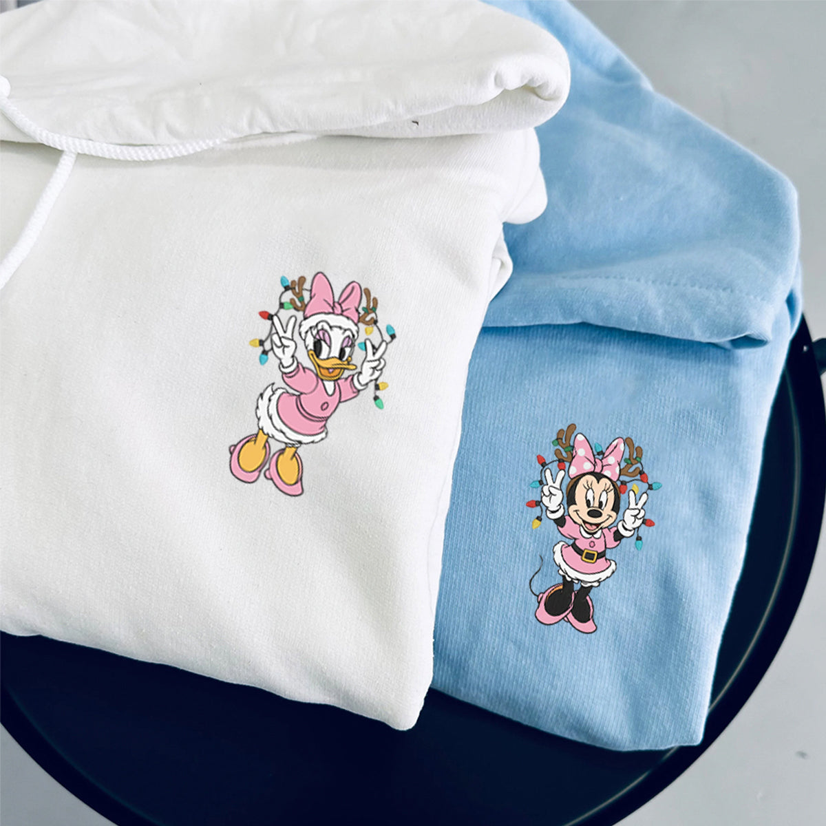 Custom Embroidered Cute Mouse and Duck Friends Xmas Sweatshirt - Festive Winter Style Hoodie Matching for Couples