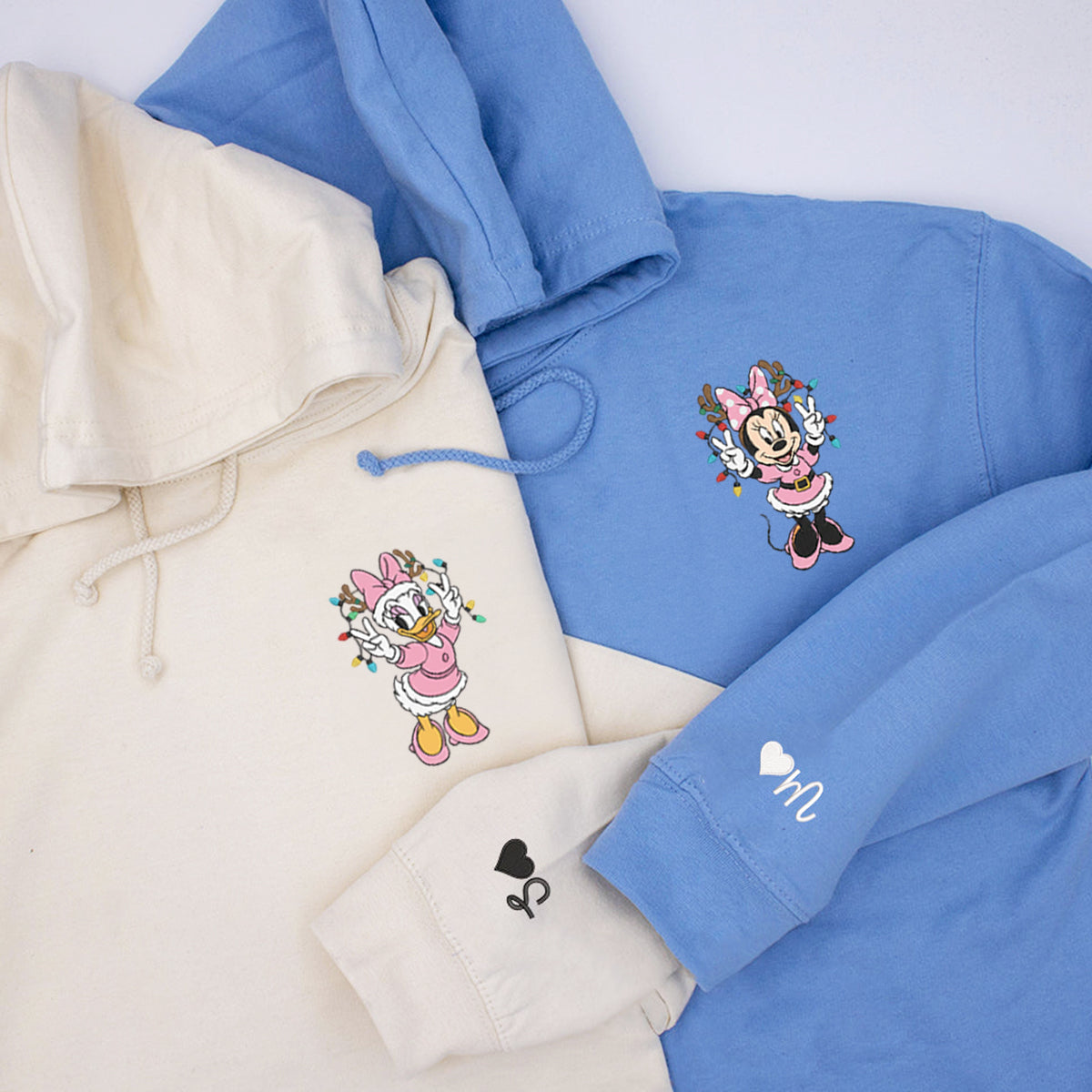 Custom Embroidered Cute Mouse and Duck Friends Xmas Sweatshirt - Festive Winter Style Hoodie Matching for Couples